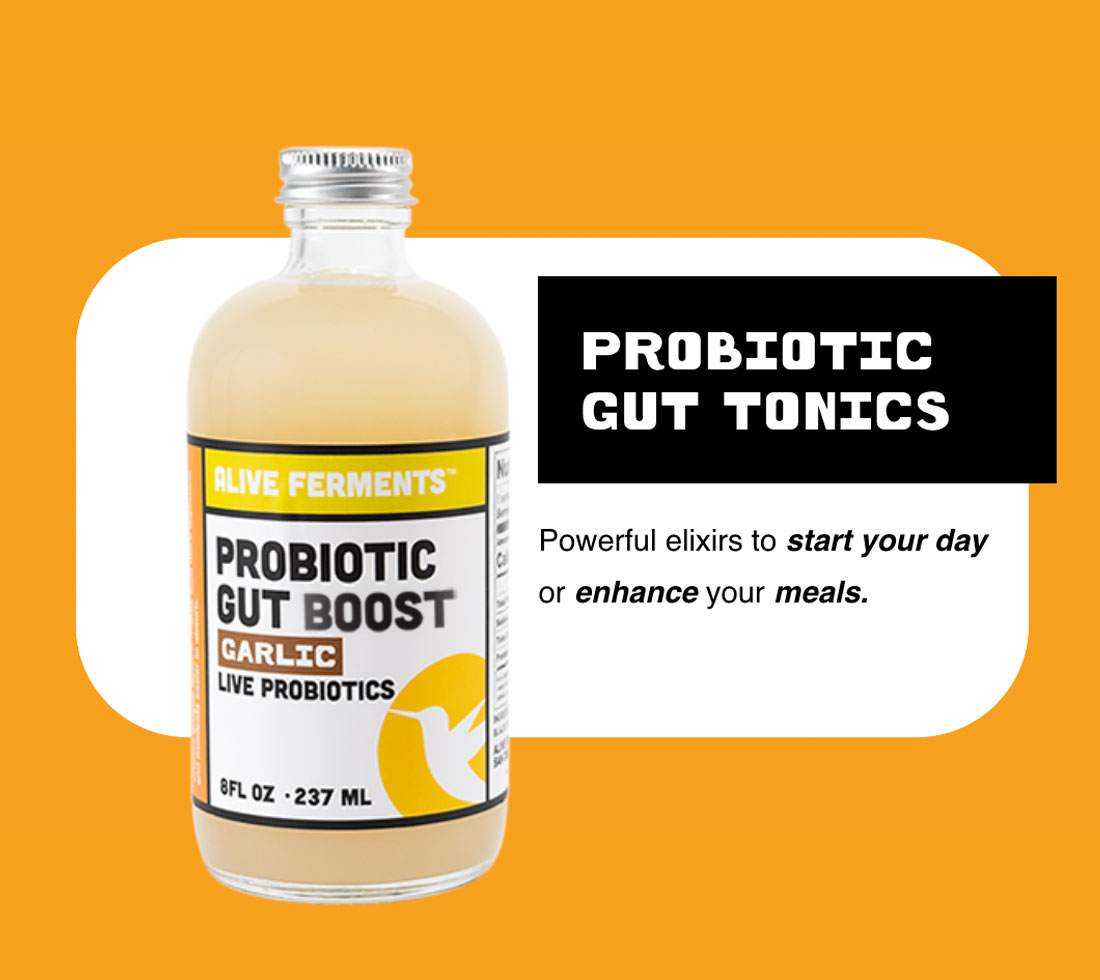 A bottle of Alive Ferments' Garlic Probiotic Gut Shot. Click to learn more and add probiotics to your daily routine or a flavorful kick to salad dressing and your favorite recipes.