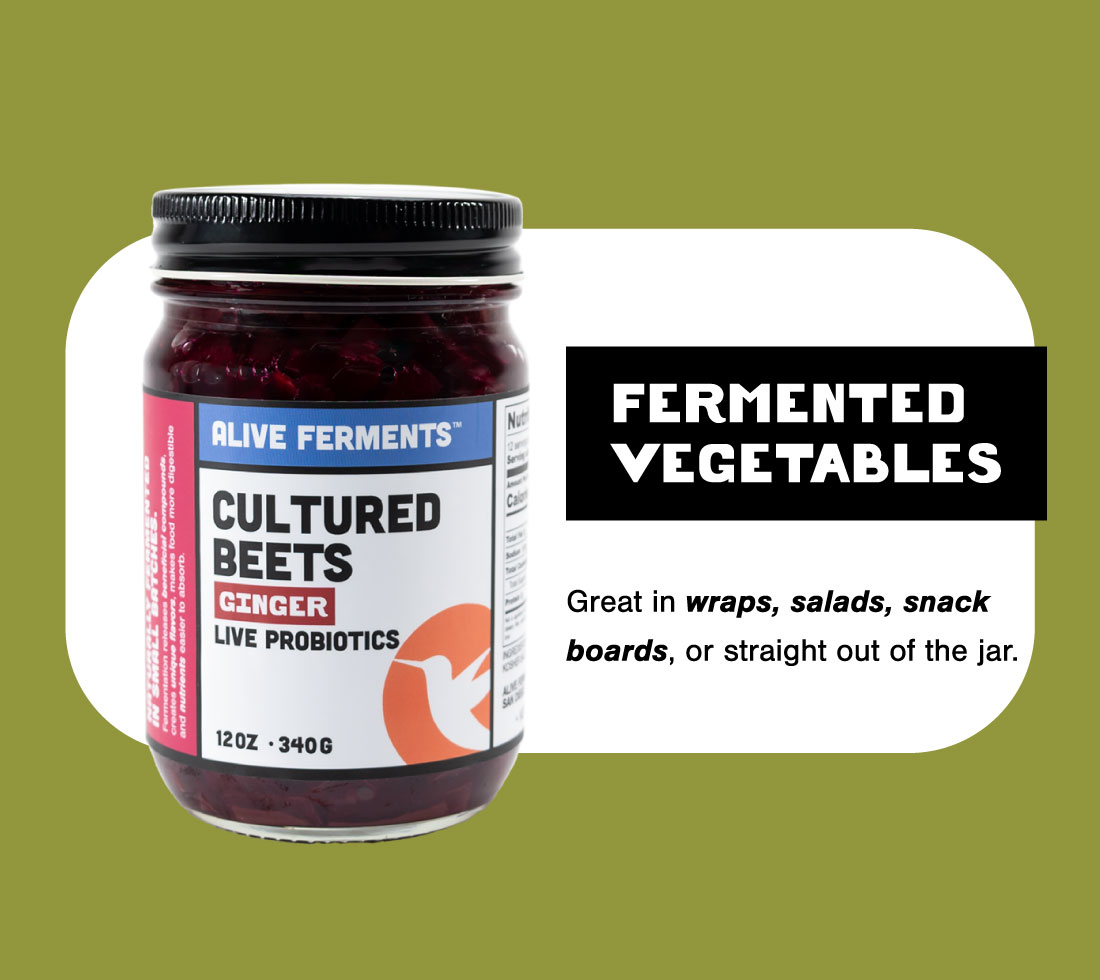 A jar of Alive Ferments' spicy, Cultured Ginger Beetsi. Click to learn more and add color, probiotics and a flavorful touch to your meals.