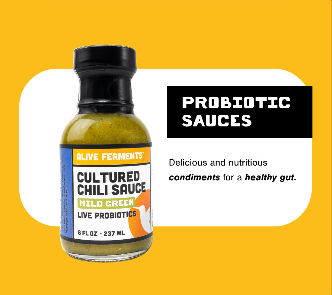 A bottle of Alive Ferments' mild green probiotic cultured chili sauce. Click to discover the flavorful way to add probiotics to your meals.